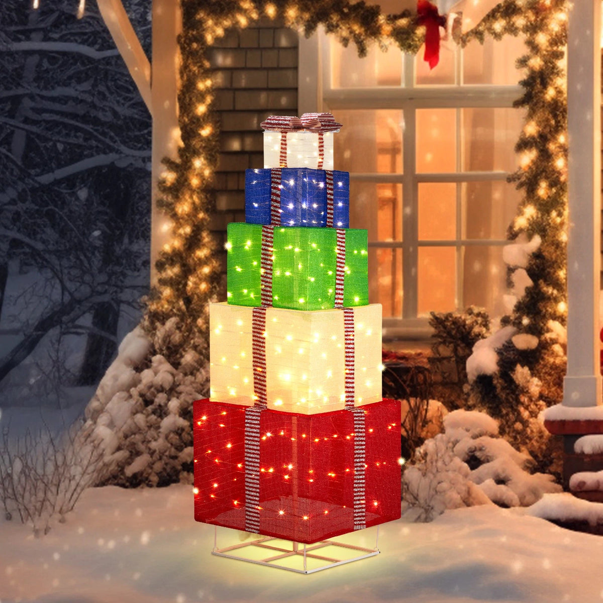 5-Tier Christmas Gift Box Decorations with Lights for Indoor/Outdoor