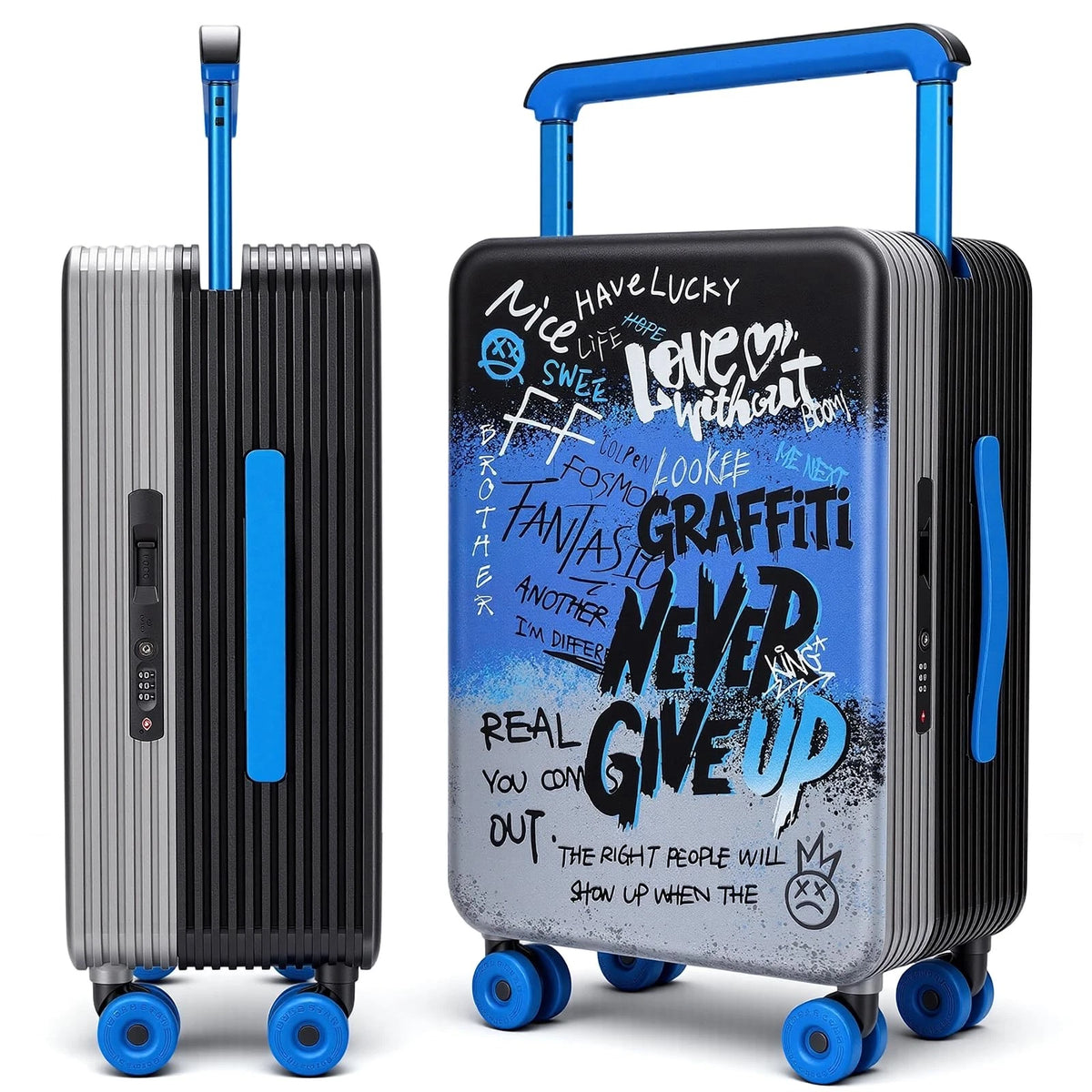 Wide Handle Carry-On Luggage - Black-Blue Graffiti Print (Zipperless)