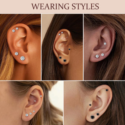 Set of 6 Pairs Stud Earrings for Men Women 3-5mm, Black and Clear Round
