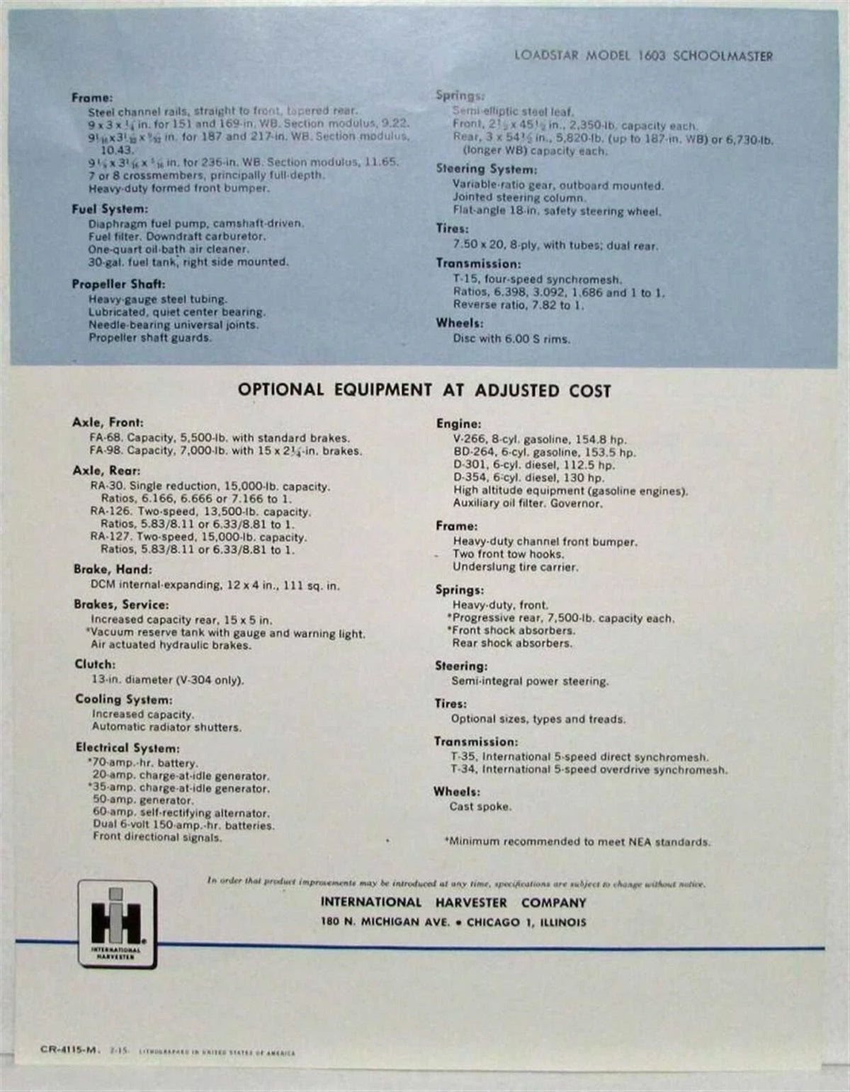 Specification Sheet for International Harvester Truck Loadstar Model 1603 (1962)