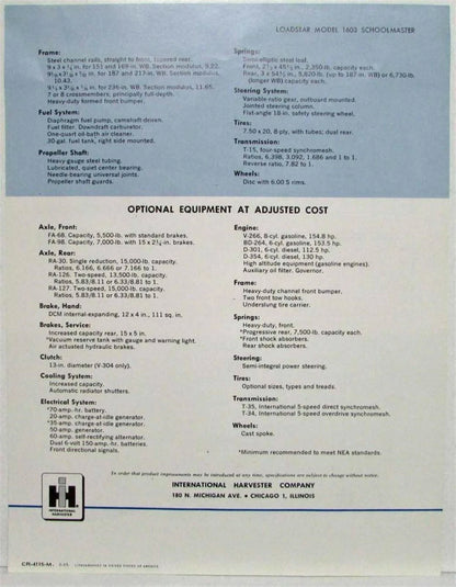 Specification Sheet for International Harvester Truck Loadstar Model 1603 (1962)
