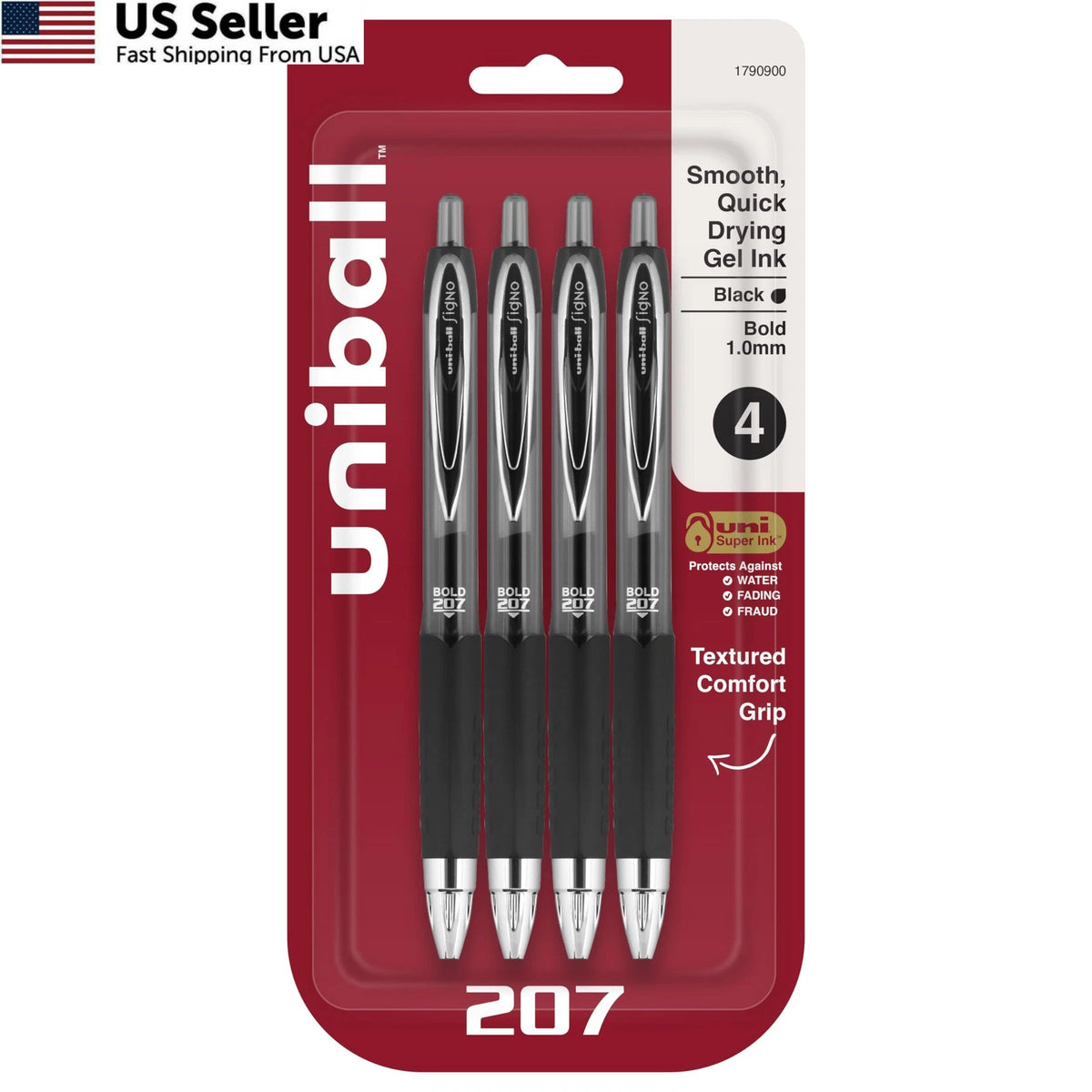 Set of 4 Uni-Ball 207 Retractable Gel Pens, Bold Point, Black