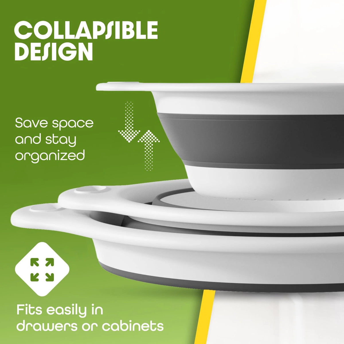 3X Collapsible Colanders for Food - Large, Medium, Small, White