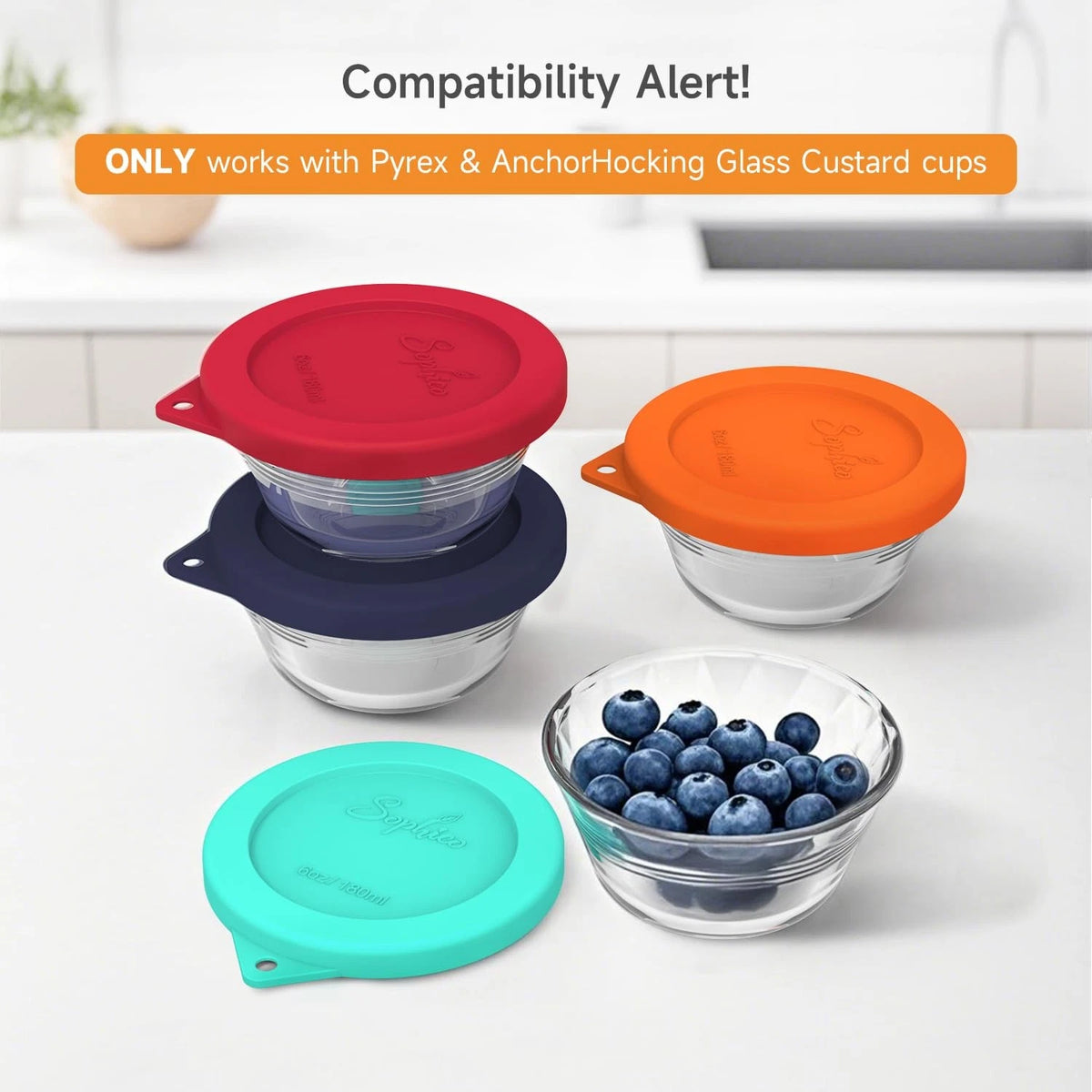 Set of 4 Silicone Replacement Lids for Pyrex and Anchor Hocking 6oz