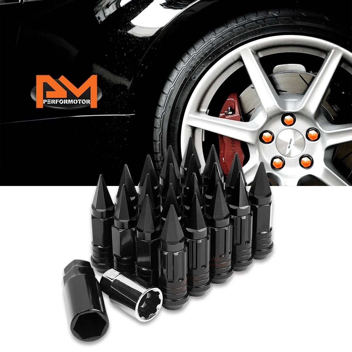 20Pc M12X1.5 Black JDM Cone Wheel Lug Nuts + Spline Lock + Spiked Cap