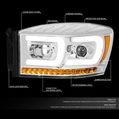 Dual LED DRL Sequential Turn Signal Projector Headlight for Ram Truck (2006–2009)