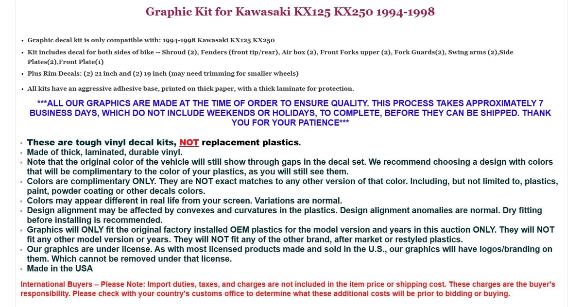 Graphics Stickers +#PLT/RIM Decals for Kawasaki KX125 KX250 (1994–1998)