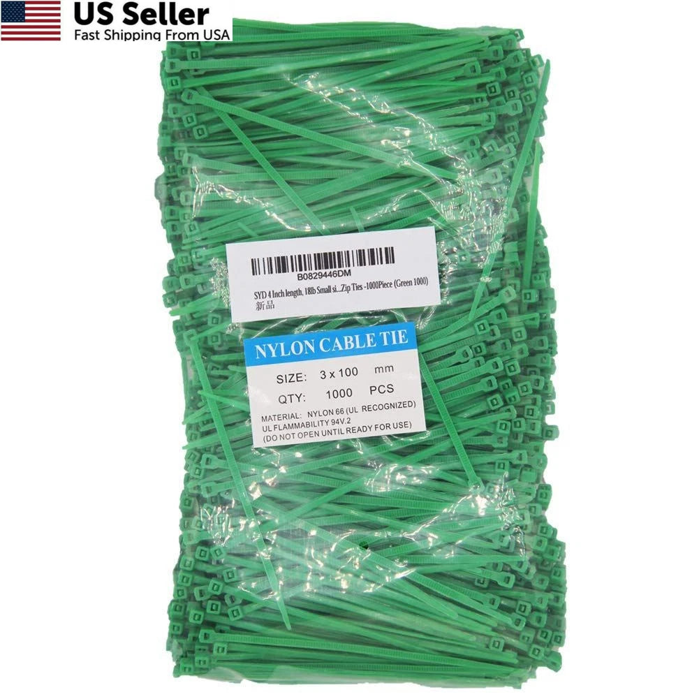 Set of 1000 Green Zip Ties 4 Inch, 18lb Strength