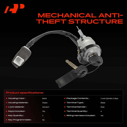 Ignition Lock Cylinder w/ Keys for Hyundai Tiburon (2003–2006) 4H1773, 819202CA20, US675L