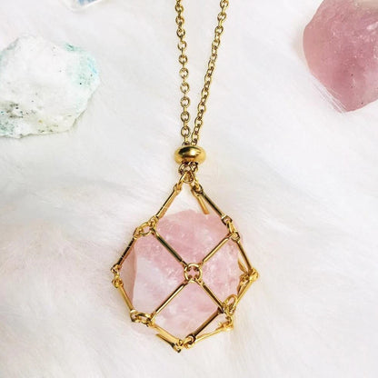 3pcs Adjustable Gold Crystal Holder Necklace Pendant Mesh Pocket Cord