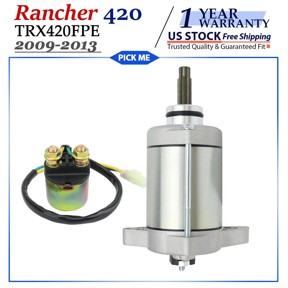 Starter Motor for Honda Rancher 420 TRX420FPE (2009–2013) with Relay