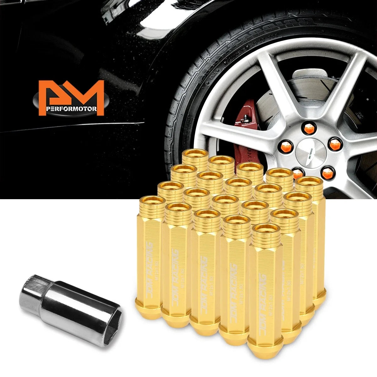 20Pc M12X1.5 Gold JDM Open End Conical Wheel Lug Nuts + Extension 25mmx90mm