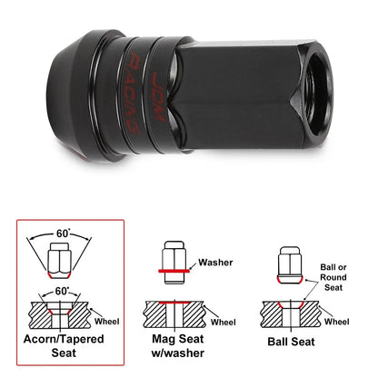 Set of 20 M12X1.25 Black JDM Open End Lug Nuts with Spline Locks and Key