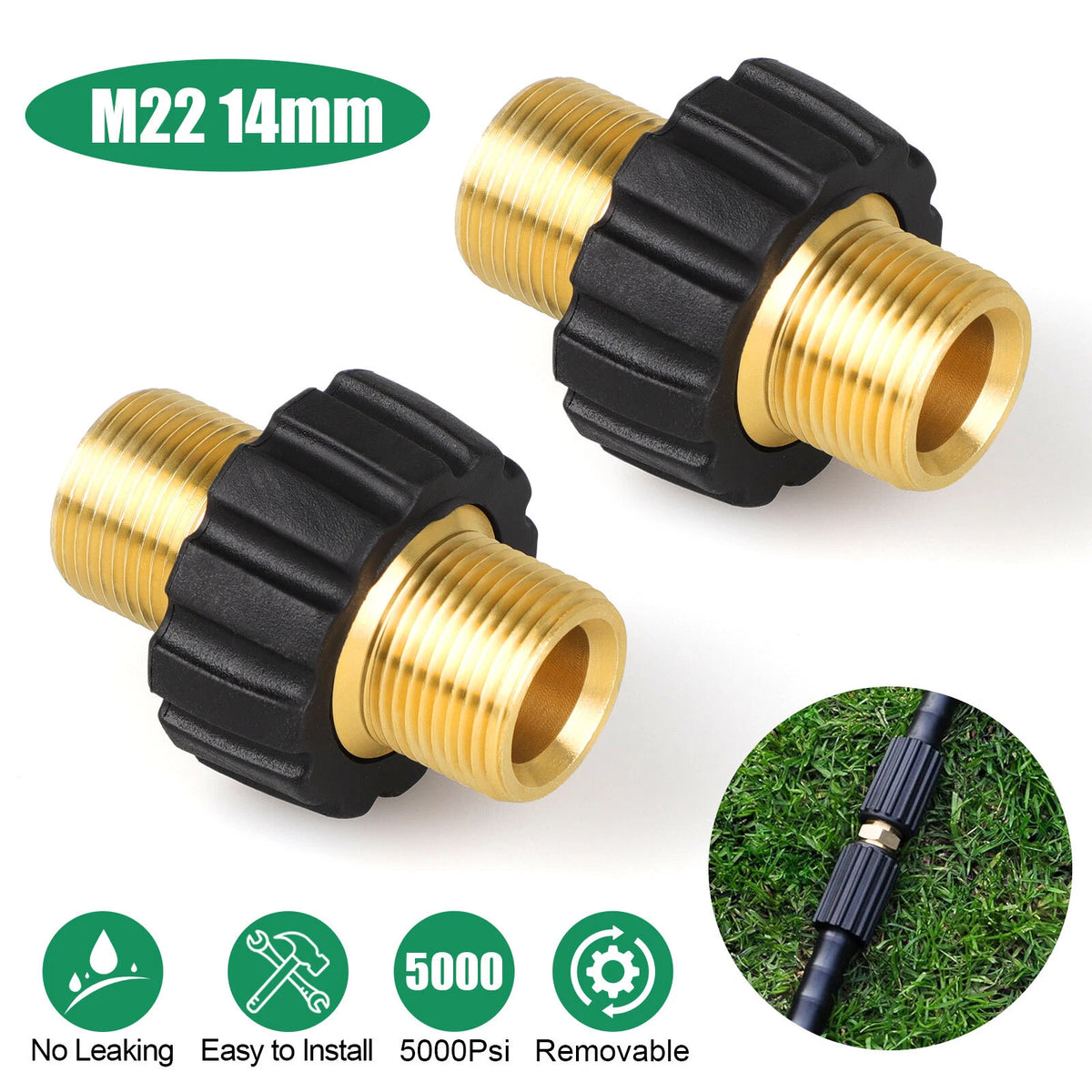 2X M22-14mm Quick Connect Hose Adapter for Pressure Washer (5000PSI)