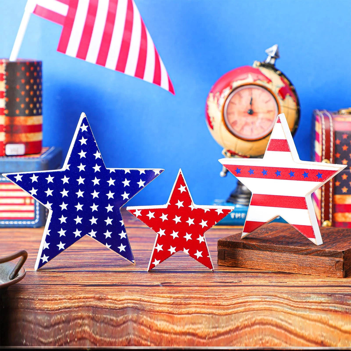 3 Pcs Wooden Stars Decorations for Table (4th of July, Memorial Day)