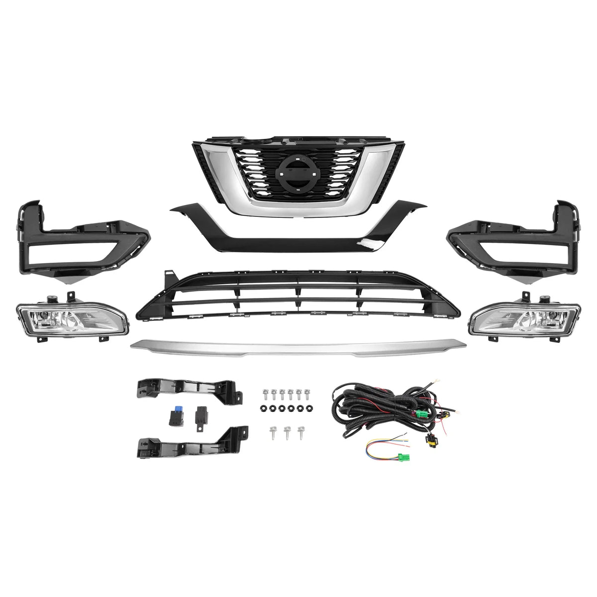 Front Upper Lower Grille Trim Fog Lamp Kit for Nissan Rogue (2017–2020)