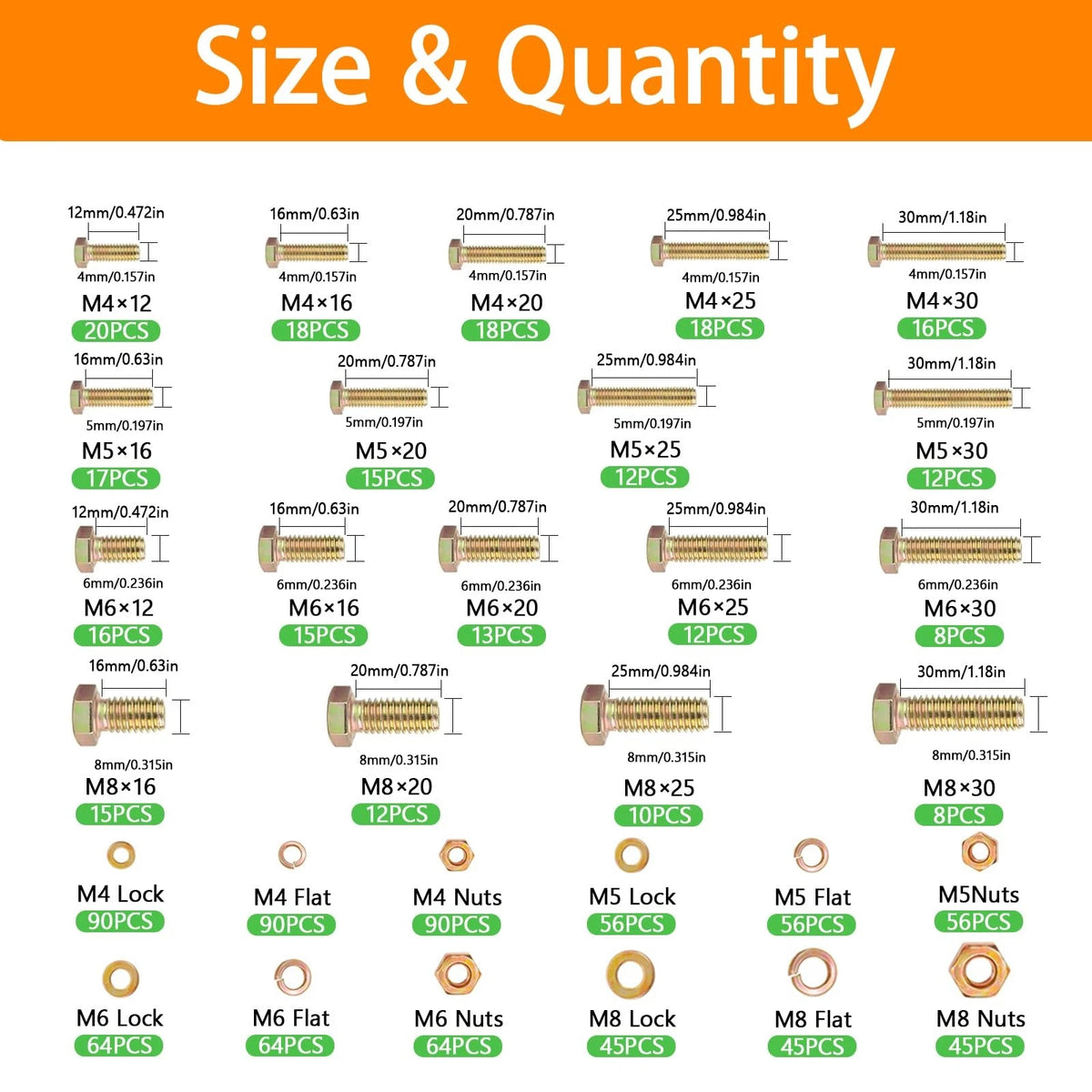 1020PCS Metric Bolt Assortment Kit M4, M5, M6, M8 (12-30mm)