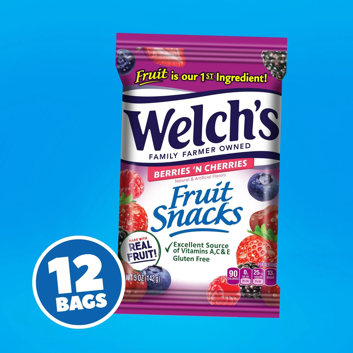 Pack of 12 Welch's Fruit Snacks Berries 'N Cherries Gluten Free 5oz