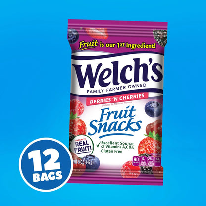 Pack of 12 Welch's Fruit Snacks Berries 'N Cherries Gluten Free 5oz