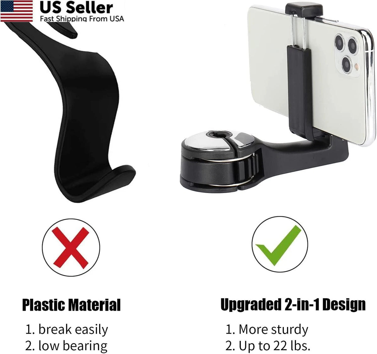 2X Car Headrest Hidden Hook for Universal Fit (2010–2023) - Silver