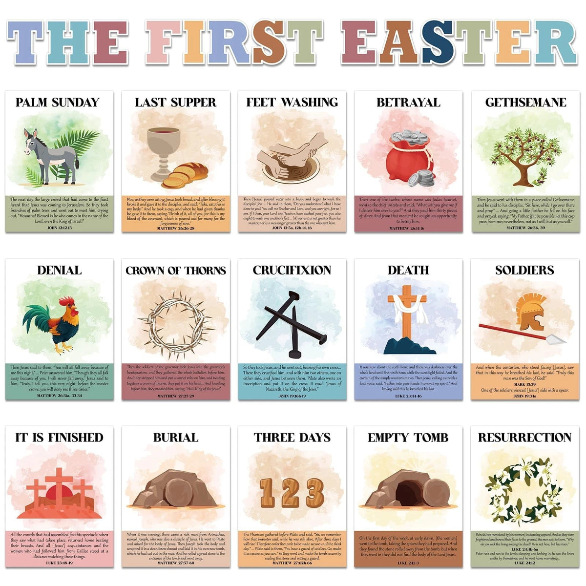 18Pcs Easter Story Posters 14 x 11 inches, Colorful Boho Christian