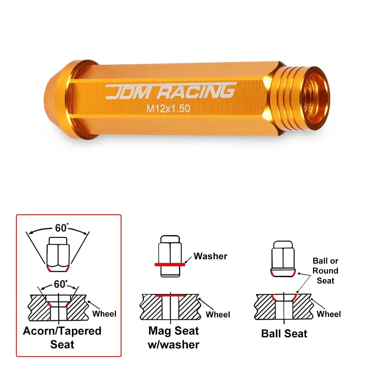 Set of 20 M12X1.5 Orange JDM Open End Conical Wheel Lug Nuts + Extension 25mmx90mm