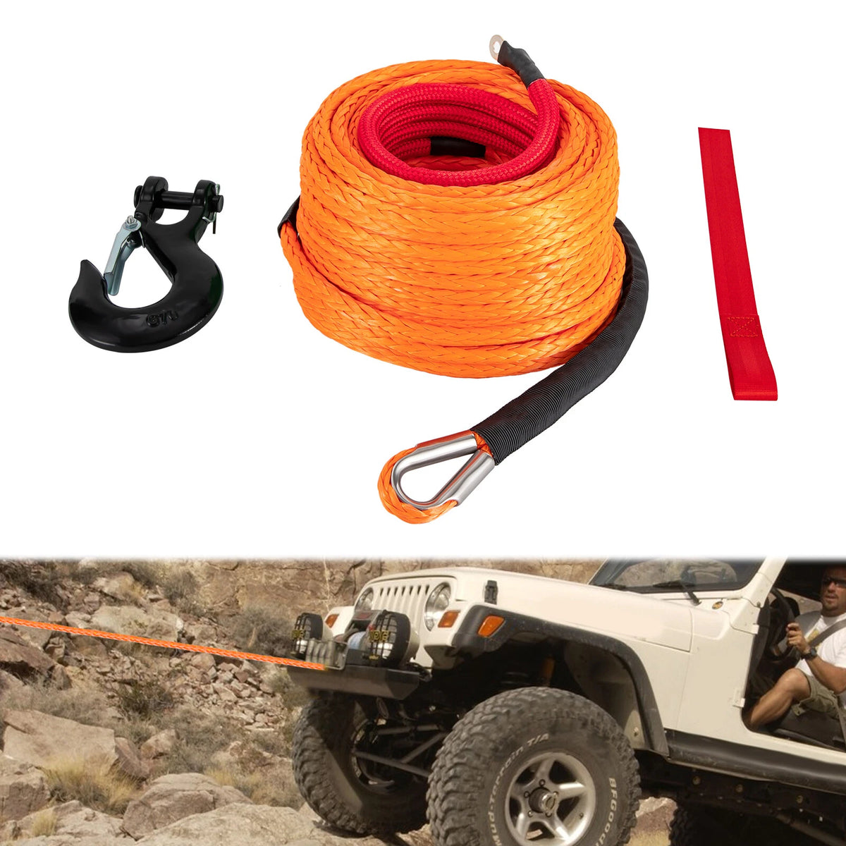 3/8" Synthetic Winch Rope 100ft 22046lbs Recovery Cable for Truck SUV