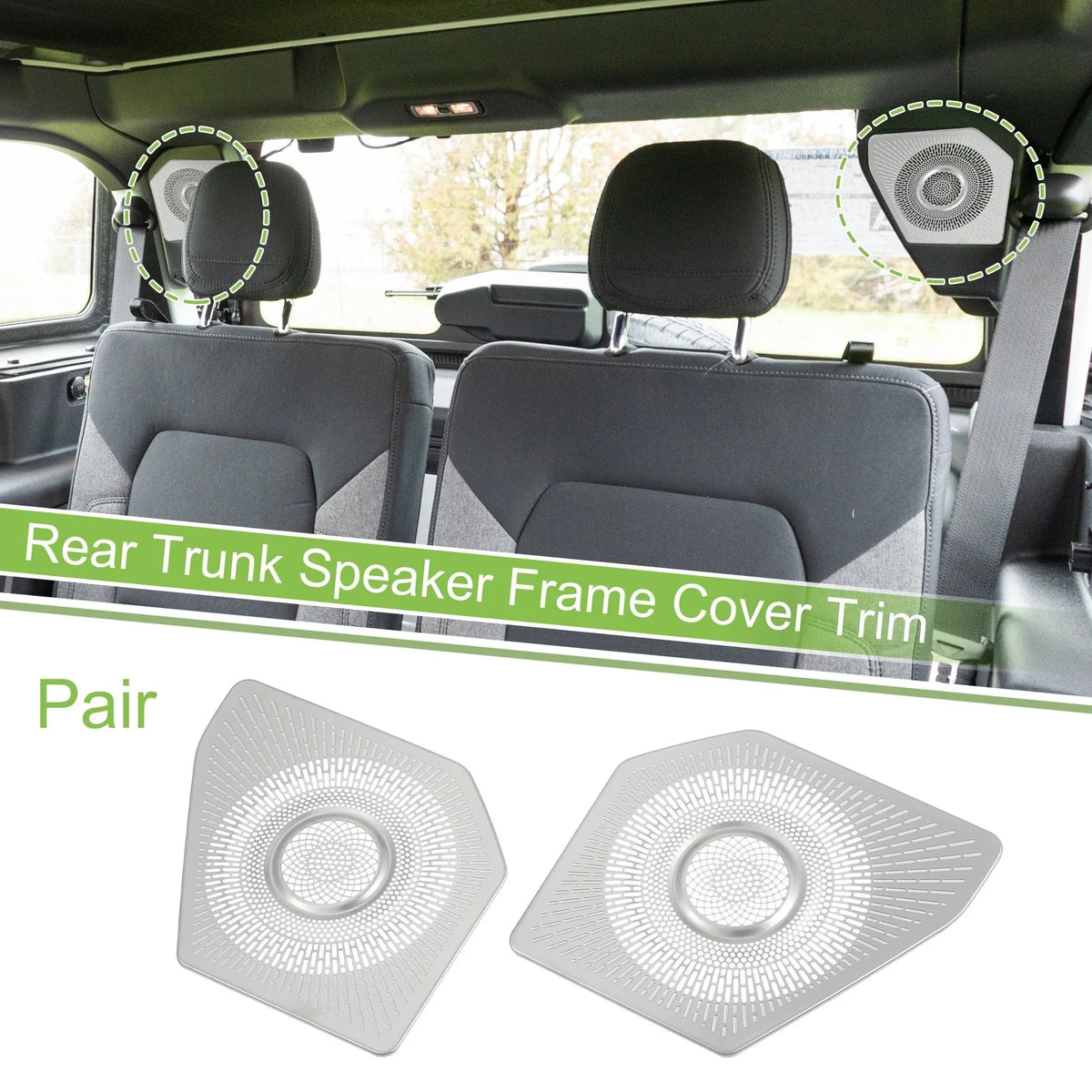 Pair Rear Trunk Speaker Frame Cover Trim for Ford Bronco (2021) Silver Tone