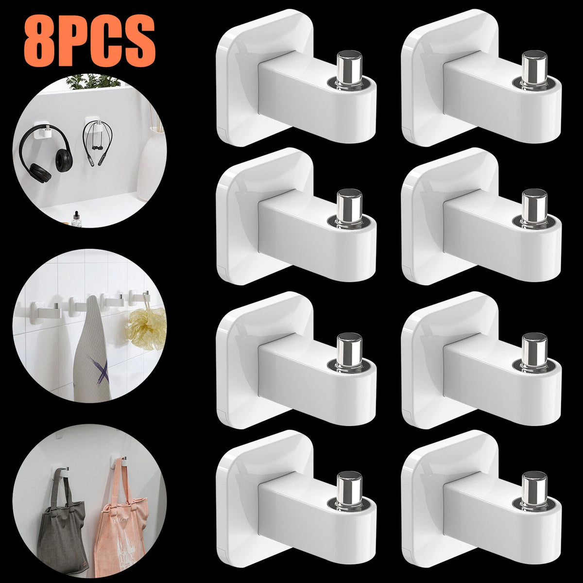 8Pcs Heavy Duty Self Adhesive Hook Towel Holder for Wall Storage