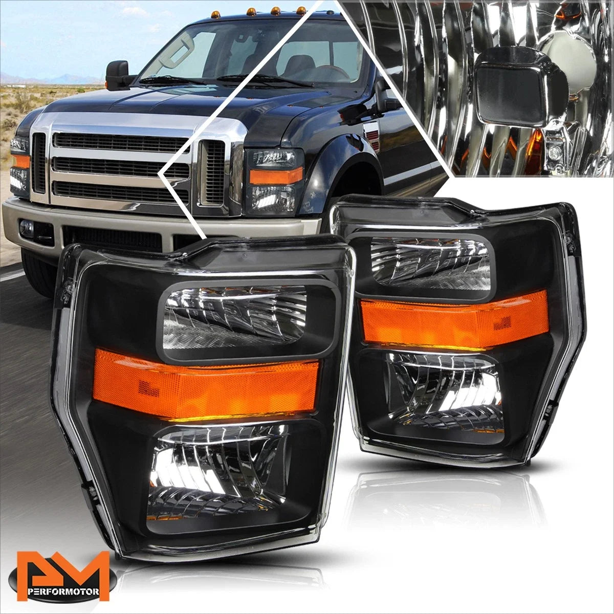 Set of 2 Black Housing Headlight Amber Corner Lamps for Ford F250/F350 (2008–2010)