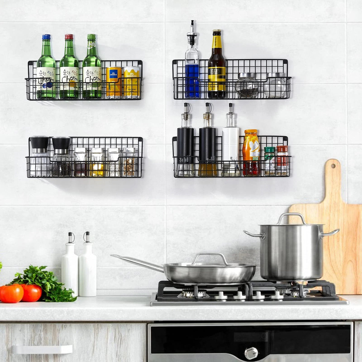 Set of 4 Wall Mount Spice Racks, 14.57 x 3.54 x 4.72 inches, Black