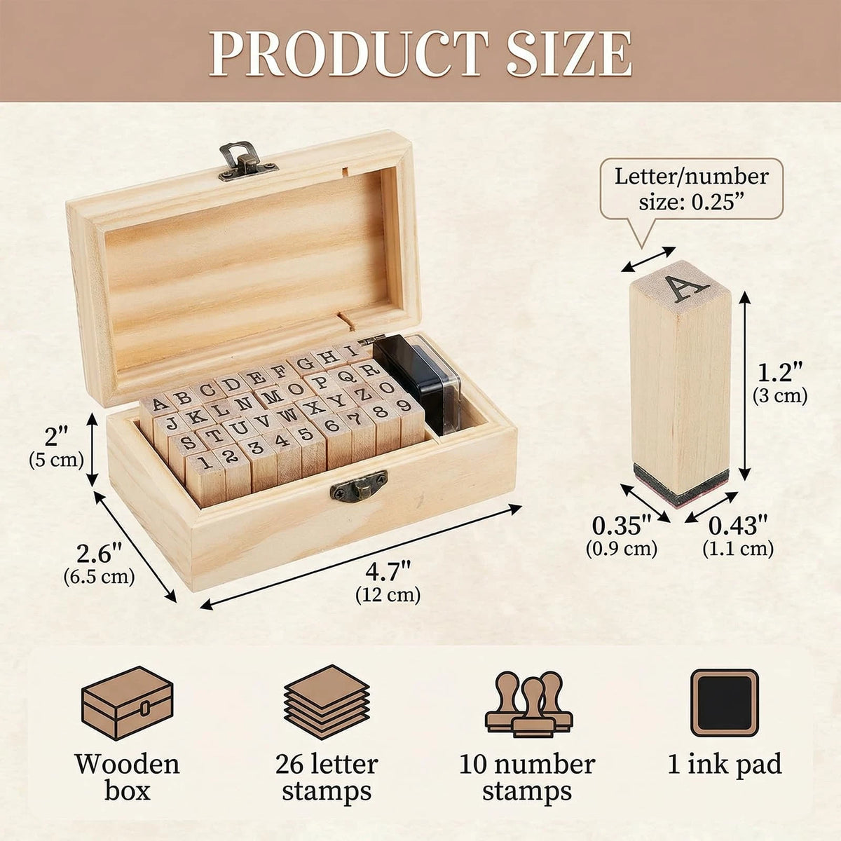 36 Pcs Vintage Wooden Rubber Alphabet Number Stamps with Storage Box