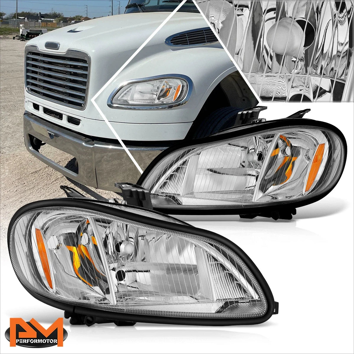 Chrome Housing Amber Side Headlights for Freightliner M2 106 112 (2003–2018)