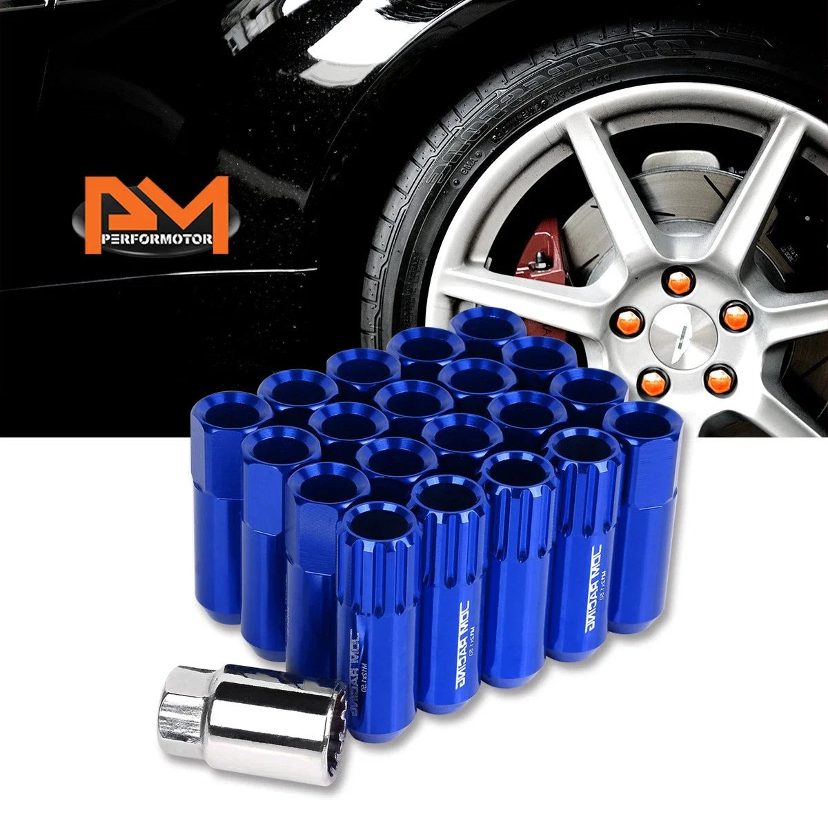 Set of 20 M12X1.5 Blue JDM Open End Aluminum Hex Lug Nuts + Spline Locks + Key