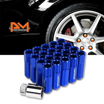 Set of 20 M12X1.5 Blue JDM Open End Aluminum Hex Lug Nuts + Spline Locks + Key