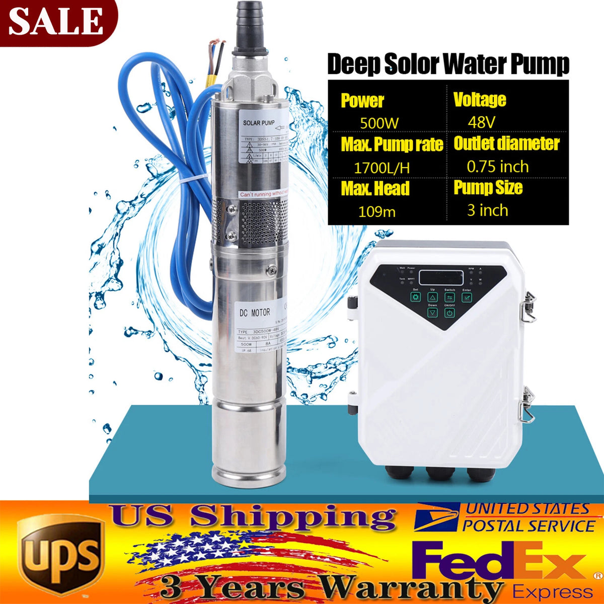 3" Solar Water Pump Kit 48V 500W Submersible Bore Deep Well Pump