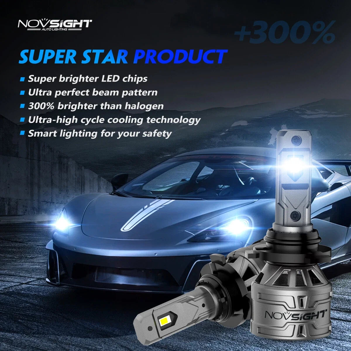 2X NOVSIGHT 9006 HB4 LED Headlight Bulbs 300% Brighter 6500K for