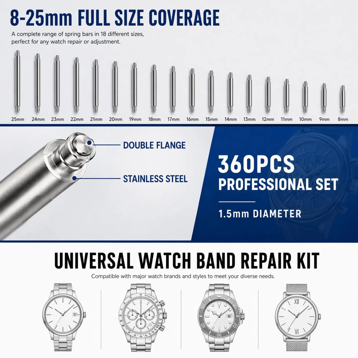360Pcs Watch Band Link Pins Removal Tool Kit (8-25mm) - Blue