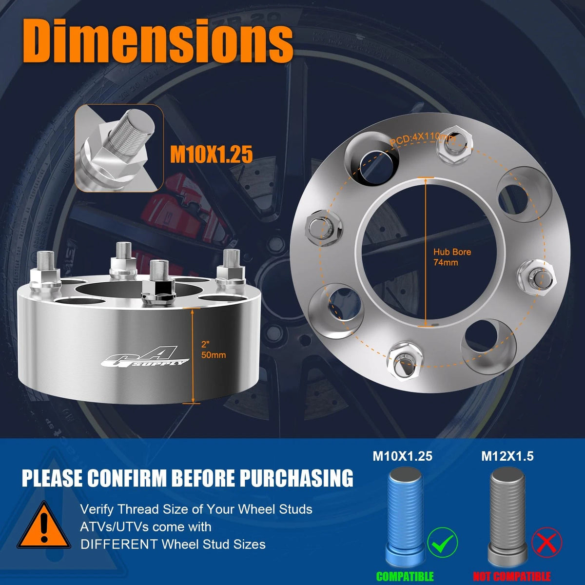 2 Inch Wheel Spacers 4x110 for ATV (74mm Hub Bore, 10x1.25 Studs, 2-Pack)