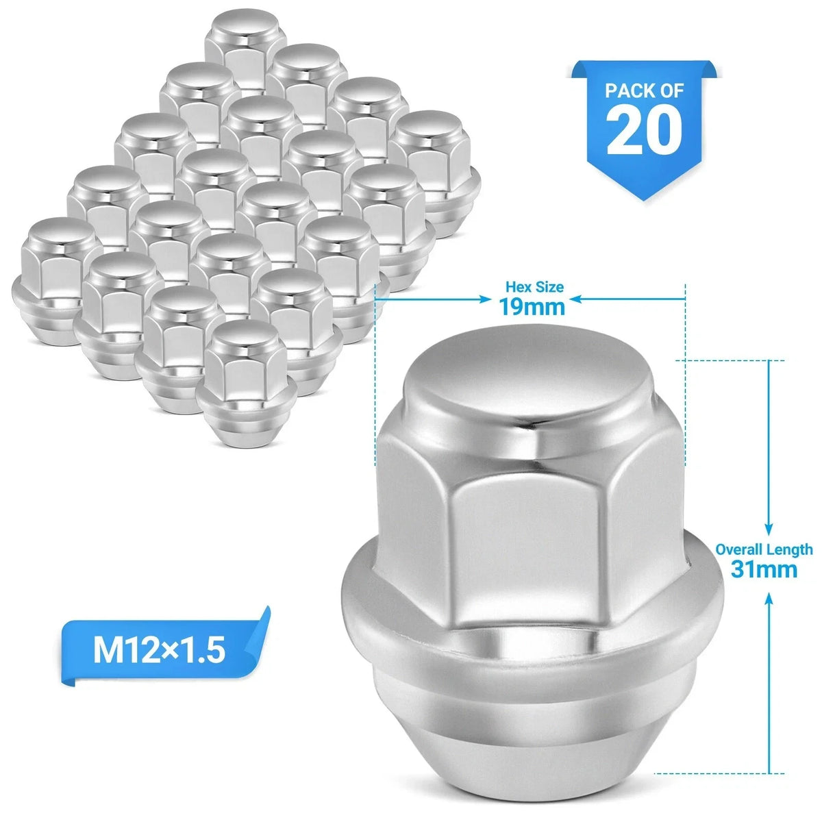 Set of 20 Chrome Wheel Lug Nuts for Ford Fusion Focus
