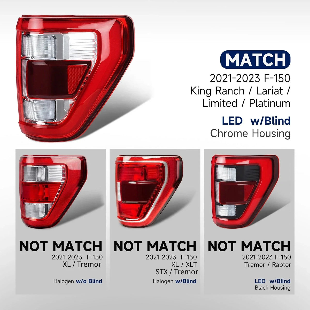 Full LED Tail Light for Ford F150 (2021–2023) Chrome w/Blind Spot RH
