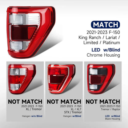 Full LED Tail Light for Ford F150 (2021–2023) Chrome w/Blind Spot RH