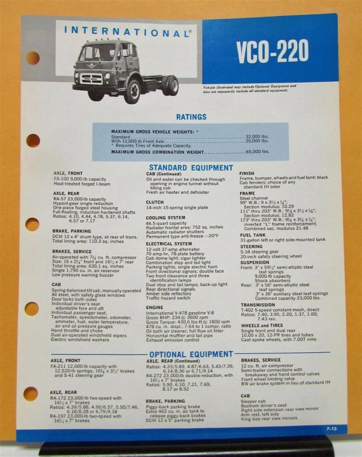 Specification Sheet for International Harvester Truck Model VCO 220 (1969–1970)