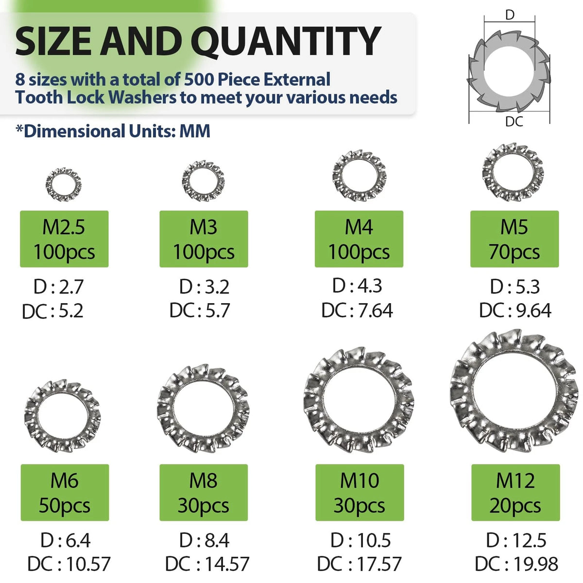 500 PCS External Tooth Lock Washers for Automotive Applications