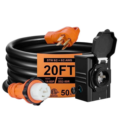 20FT 50A RV Extension Cord with Inlet Box for Outdoor Use