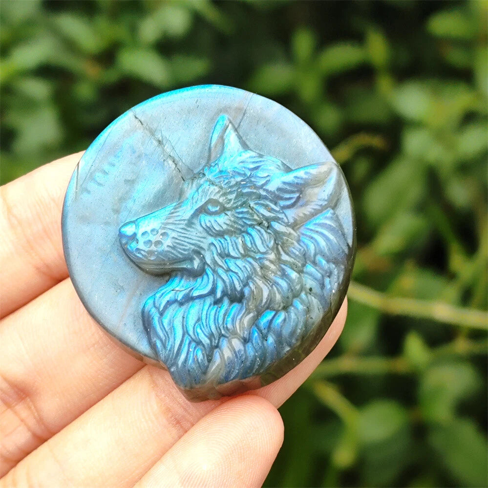 2" Hand-carved Labradorite Wolf Quartz Crystal Skull Healing