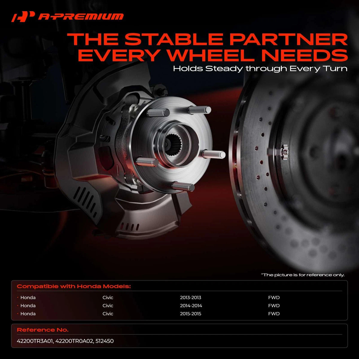 Rear Wheel Hub & Bearing Assembly for Honda Civic (2013–2015) 42200TR3A01, 42200TR0A02, 512450