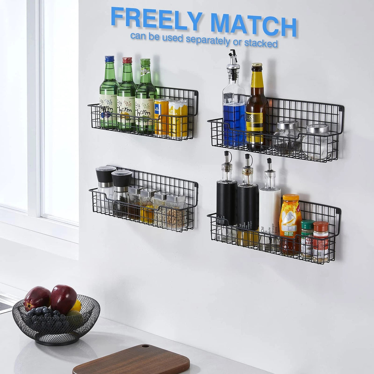 Set of 4 Wall Mount Spice Racks, 14.57 x 3.54 x 4.72 inches, Black