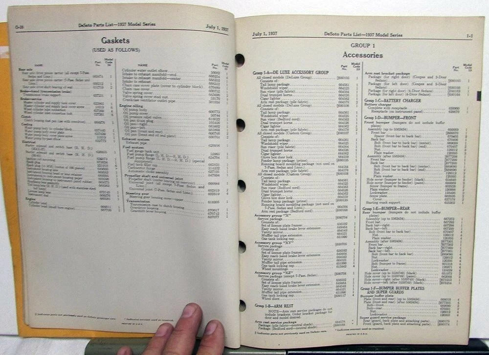 Parts List Book for 1937 DeSoto Passenger Car S3 Models