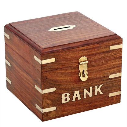 Wooden Money Bank for Home Decor (Handcrafted Square Shape)